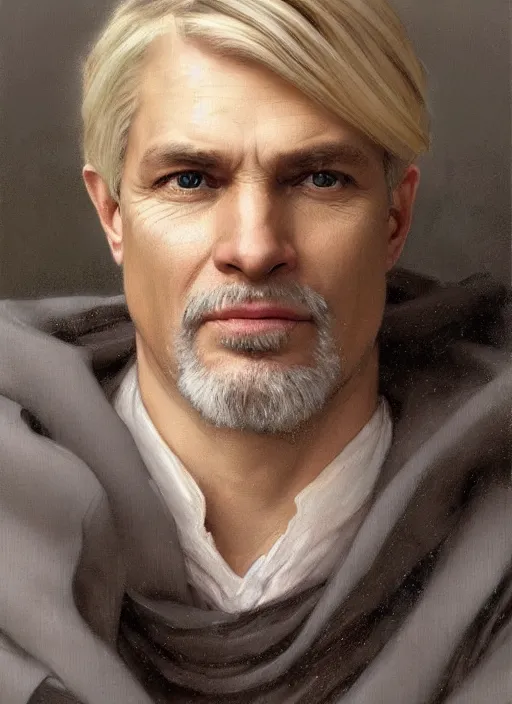 Prompt: a man aged 4 0 with blonde hair and hazel eyes and a friendly expression. he is clean shaven and wearing a grey cloak. head and shoulders portrait painting by artgerm and greg rutkowski and alphonse mucha.