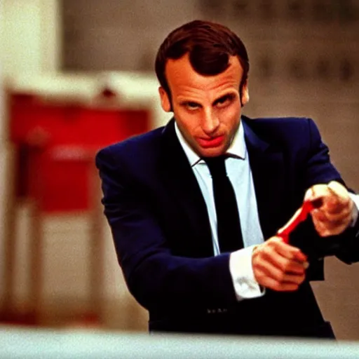 Prompt: Emmanuel Macron washing blood on the floor in American Psycho (1999)