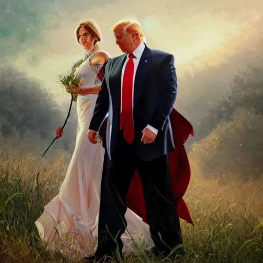 Image similar to vladimir putin marrying donald trump, elegant, highly detailed, digital painting, artstation, concept art, smooth, sharp focus, illustration, art by artgerm and greg rutkowski and alphonse mucha