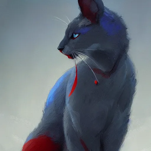 Image similar to blue cat eating red sable painting by eddie mendoza, greg rutkowski