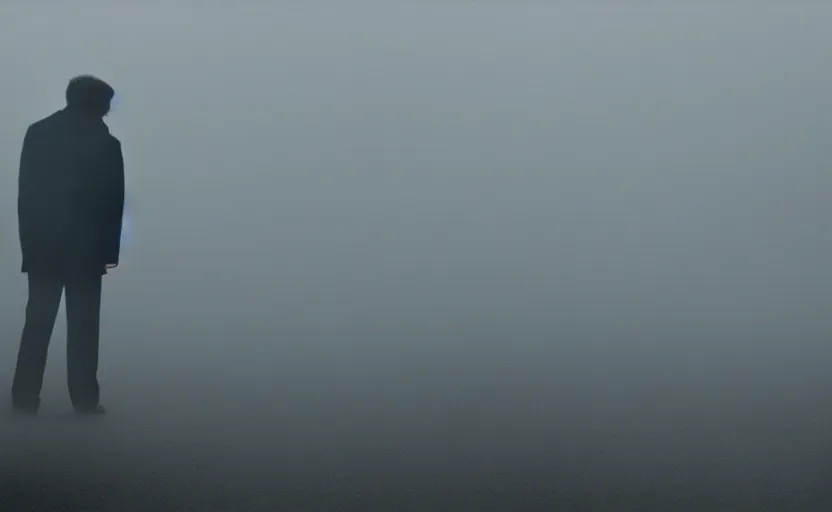 Image similar to cinematic shot of a lonely man with broken heart, moody scene from being john malcovich directed by charlie kaufman ( 2 0 0 1 ), foggy volumetric light morning, anamorphic lenses, kodak color film stock