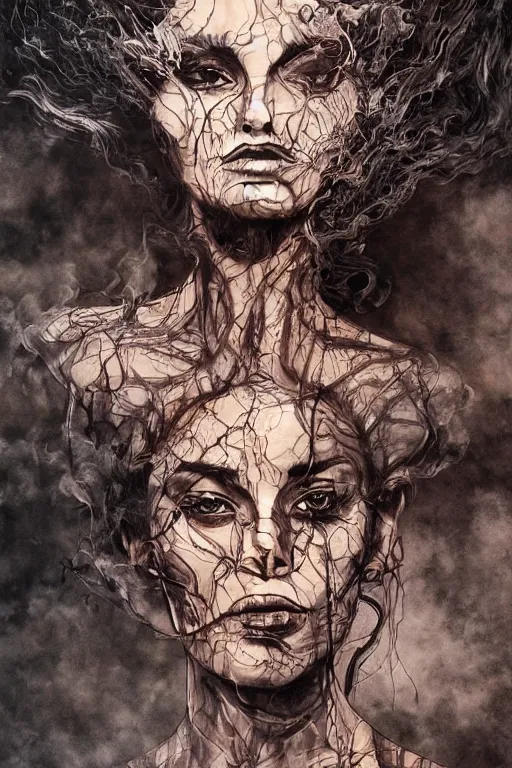 Image similar to distorted detailed painting of a woman made of ink cloud smoke, hyper detailed, trending on Artstation