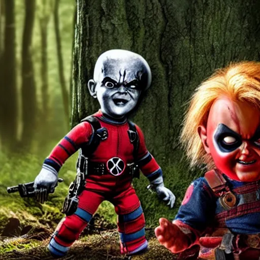 Image similar to chucky the doll and deadpool in the woods together 4 k detailed super realistic