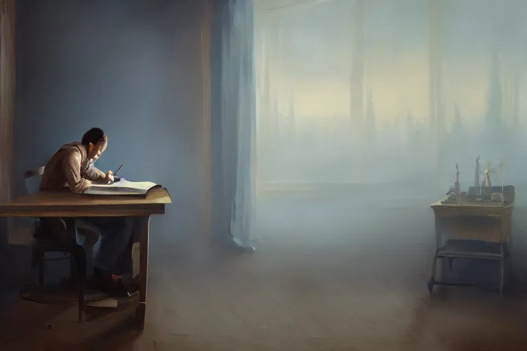 Prompt: a painting of a man writing in a large tome in a foggy room by jama jurabaev, cinematic shot, trending on artstation, high quality, ultra realistic, blue color theme