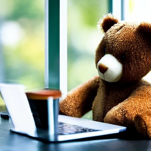 Prompt: teddy bear sitting in a cafe using a laptop, city streets in window, cinematic, highly detailed