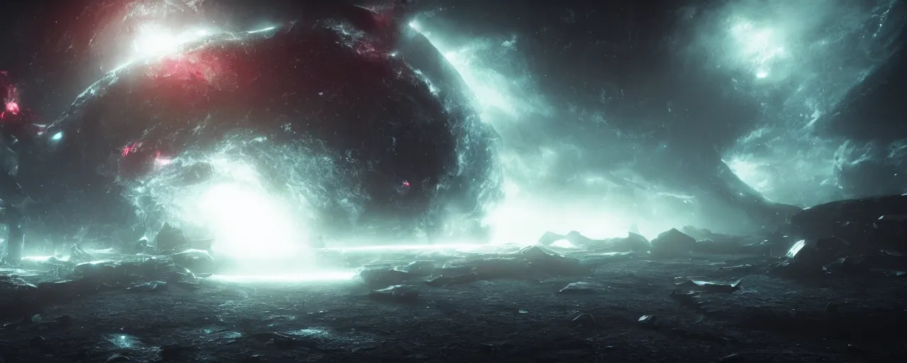 Image similar to a dark epic swirling galaxy, dark scifi, unreal engine, octane render, volumetric lighting