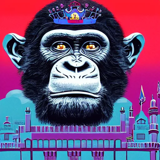Image similar to A computer art that features a chimpanzee surrounded by a castle turret. The chimp is shown wearing a crown and holding a scepter, and the castle is adorned with banners. biopunk by Eyvind Earle, by Nikolina Petolas kaleidoscopic