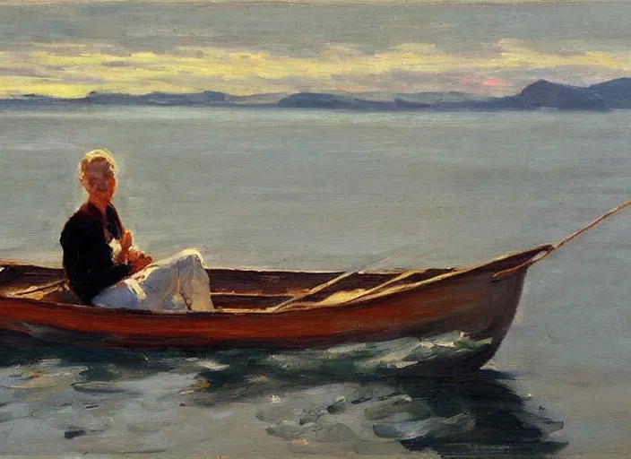 Prompt: painting of a person in a boat on the water, an oil painting by gregory manchess, deviantart, figurative art, oil on canvas, impressionism, painterly