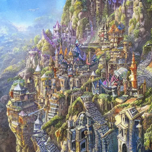 Prompt: steep cliffside medeival fantasy city, painting, intricate and detailed, hight quality