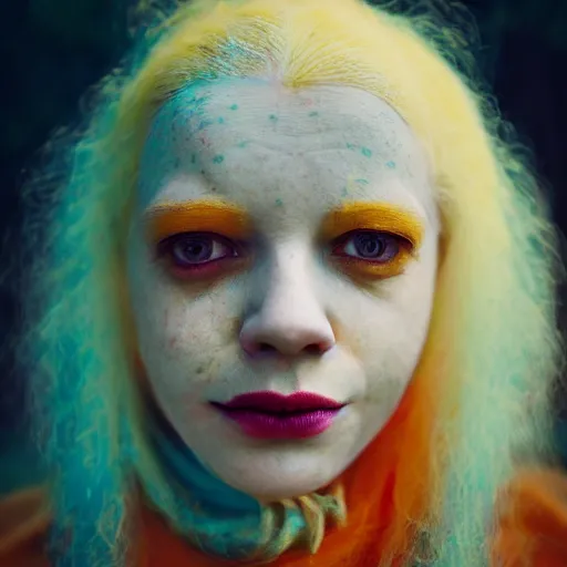 Image similar to realistic expired kodak film portrait of albino india woman tentacled creature mix, marigold celestial vibe, hyperrealism, hypermaxiymalism, photorealistic, detailed, atmospheric, 8 k, award winning photography, cinematic