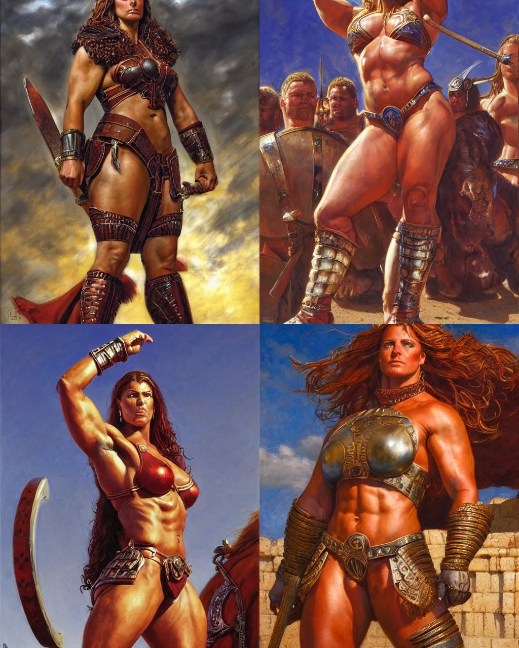 Prompt: portrait, large and strong female gladiator standing in the arena, muscular, robust and mighty, roman setting, low angle, sunshafts, by donato giancola and ralph horsley, centered, soft lighting, detailed