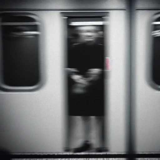 Image similar to ominous grainy surveillance photo still of scary monster in style of trevor henderson inside toronto subway