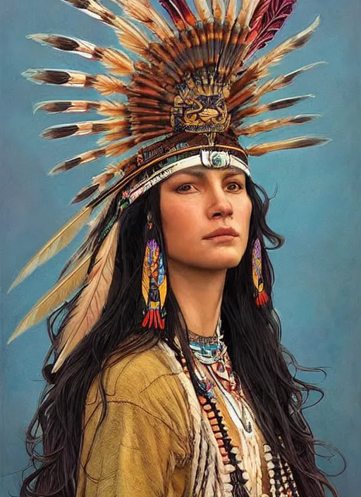 Prompt: beautiful native american woman wearing an elaborate headdress, intricate, elegant, highly detailed, centered, digital painting, artstation, concept art, smooth, sharp focus, illustration, art by android jones and donato giancola and alphonse mucha