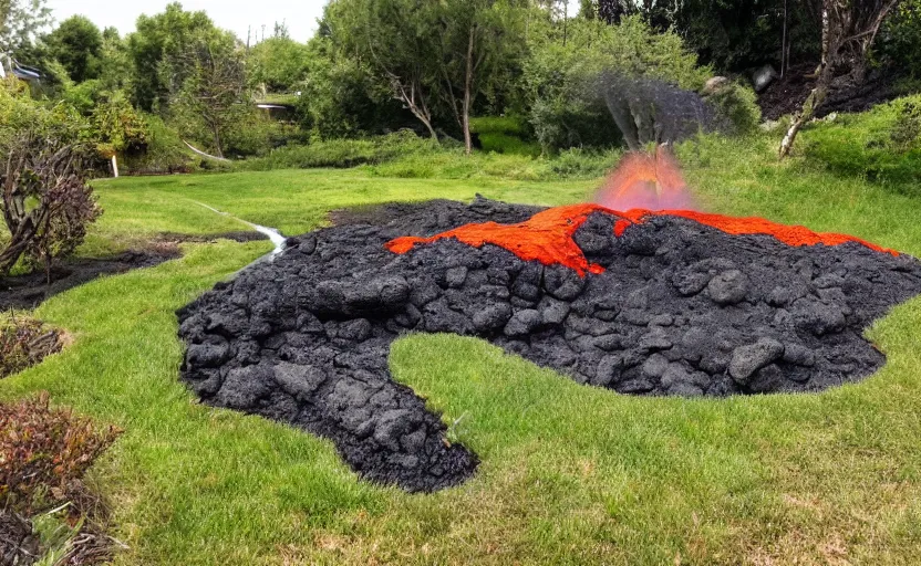 Prompt: miniature volcano erupting with streams of lava in a suburban yard, ground level