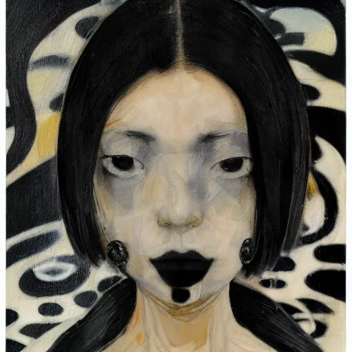 Image similar to yoshitaka amano blurred and dreamy minimalistic oil portrait of a young woman with black lipstick and black eyes wearing dress suit with tie, junji ito abstract patterns in the background, satoshi kon anime, noisy film grain effect, highly detailed, renaissance oil painting, wide brush strokes, weird portrait angle, blurred lost edges