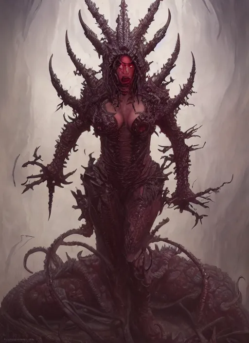 Prompt: a detailed full body portrait of the queen of blades, diablo 4 lilith, sideshow figurines, by dorian cleavenger, greg rutkowski, wlop, astri lohne, zdzisław beksinski trending on artstation