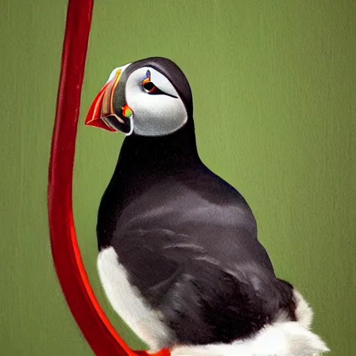 Image similar to realistic puffin sitting on a big swing, hyper detailed, trending on artstation