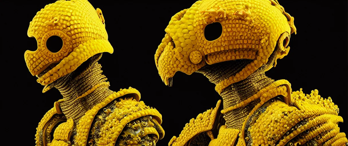 Image similar to hyperrealist highly detailed english medieval portrait of high fashion monster wearing car part yellow cab armor, radiating atomic neon corals, concept art pascal blanche dramatic studio lighting 8k wide angle shallow depth of field