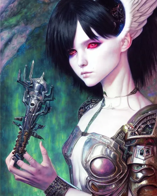 Image similar to portrait of beautiful cute young goth maiden girl with short white hairs in warhammer armor, art by ( ( ( kuvshinov ilya ) ) ) and wayne barlowe and gustav klimt and artgerm and wlop