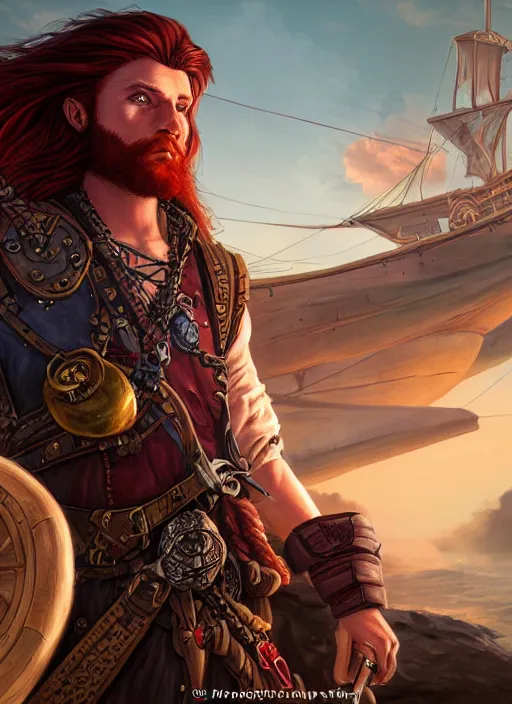 Image similar to An epic fantasy comic book style portrait painting of a long haired, red headed male sky-pirate in front of an airship in the style of the wheel of time, unreal 5, DAZ, hyperrealistic, octane render, cosplay, RPG portrait, dynamic lighting