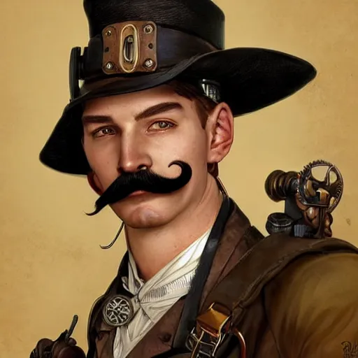 Image similar to Three quarters portrait of a male steampunk character with a moustache, highly detailed, digital painting, art by Stanley Lau and Artgerm and magali villeneuve and Alphonse Mucha, artstation, octane render, cgsociety