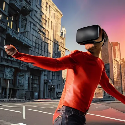 Image similar to funny Super hero wearing a virtual reality headset in big city, render, ray tracing