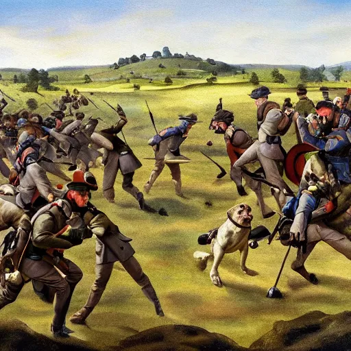 Prompt: Civil War battle of gettysburg but all the soldiers are pugs, painting, painted by michelangelo, 8k