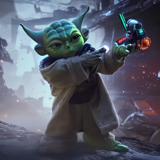 Image similar to yoda as buzz lightyear buzz lightyear in gears of war, splash art, movie still, cinematic lighting, dramatic, octane render, long lens, shallow depth of field, bokeh, anamorphic lens flare, 8 k, hyper detailed, 3 5 mm film grain