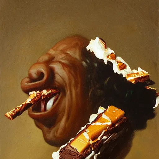 Image similar to saturn devouring a snickers chocolate bar, goya painting, in the style of goya and greg rutkowski, in the style of black paintings, 8 k, highly realistic