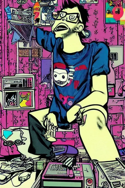 Prompt: nerdy goth guy, cluttered messy 9 0 s bedroom, by jamie hewlett, jamie hewlett art, vaporwave, 9 0 s aesthetic, 9 0 s vibe,