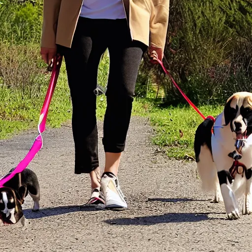 Prompt: overworked and underpaid woman walking two dogs, exhausted and tired, beagle and husky dogs, high fashion magazine fashion shoot style