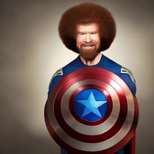 Image similar to Bob Ross as Captain America, photography, portrait