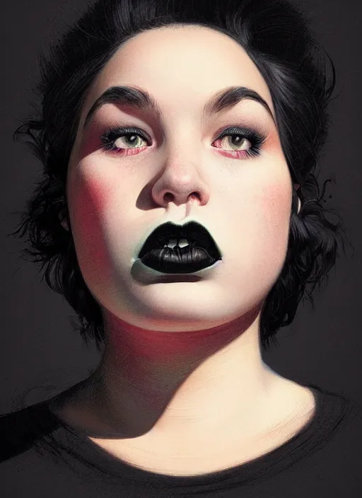 Image similar to portrait of a plump teenager with a crooked nose and a confident expression, 1 9 6 0 s, black clothes, goth, punk, brightly coloured hair, funk, intricate, elegant, highly detailed, digital painting, artstation, concept art, smooth, sharp focus, illustration, art by wlop, mars ravelo and greg rutkowski