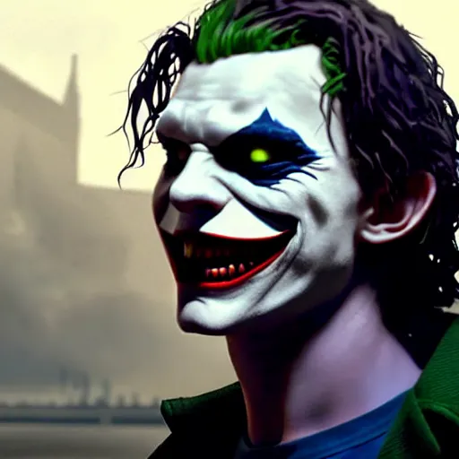 Image similar to selfie of tom holland as young joker, fine detailed face, long hair, stunning 3 d render inspired art by greg rutkowski and xiang duan and thomas eakes, realistic, highly detailed attributes and atmosphere, dim volumetric cinematic lighting, 8 k octane detailed render, post - processing, masterpiece,