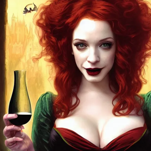 Image similar to a highly detailed matte painting of christina hendricks as an unbelievably powerful vampire witch, drinking wine, floating in the air doing blood magic, viewed in profile from far away, crackling green lightning, ultrawide lens, art by artgerm and greg rutkowski and alphonse mucha, volumetric lighting, octane render, 4 k resolution, trending on artstation, masterpiece