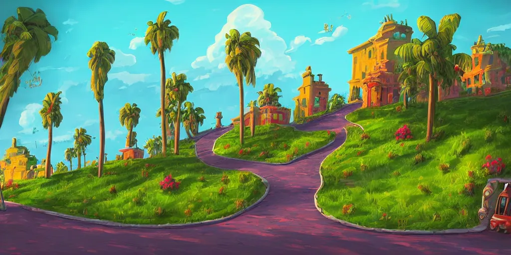 Image similar to curled perspective digital art of curly clouds cobblestone street with wildflowers to a casino in top of a hill with curly palmtrees by anton fadeev from nightmare before christmas, smoke