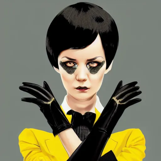 Image similar to slim girl in yellow snake skin tuxedo and black leather gloves with short black hair and with black eye patch, elegant, 2d, ultra highly detailed, digital painting, smooth, sharp focus, artstation, art by Ilya Kuvshinov