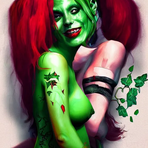 Image similar to harley quinn and poison ivy romance, hyper detailed masterpiece, digital art painting, surrealisme aesthetic,