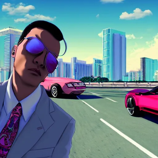 Image similar to vaporwave miami beach yakuza in suit driving in sports car driving with city in background