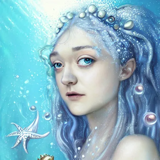 Prompt: dakota fanning portrait, fantasy, mermaid, hyperrealistic, game character, underwater, highly detailed, sharp focus, cinematic lighting, pearls, glowing hair, shells, gills, crown, water, highlights, starfish, jewelry, realistic, digital art, pastel, magic, fiction, ocean, king, colorful hair, sparkly eyes, fish, heroic, goddess, waves, bubbles, queen