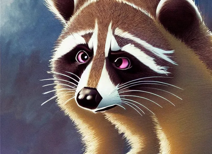 Prompt: official artwork of a raccoon character by don bluth, beautiful artwork, volumetric shading, high quality cartoon.