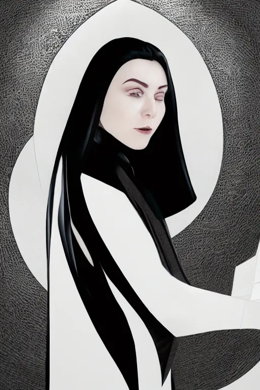 Image similar to hyper - realistic close - up portrait of a modern woman, pale skin, in a black silk robe, in the retrofuturism style