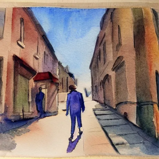 Image similar to a water Coloured painting of The tramp, walking down a 1920s style city street