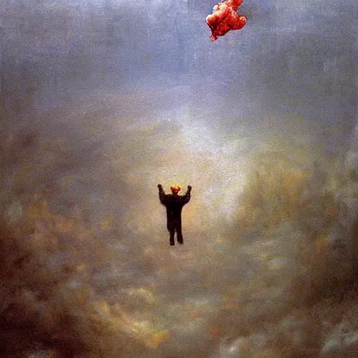 Prompt: Donald Trump, flying in the sky menacingly amongst the clouds, painted by Beksinski