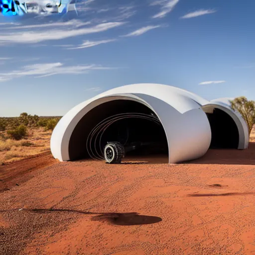 Image similar to mobile drone 3d printer, giant extrusion nozzle printing an earthship house frame in the australian desert, XF IQ4, 150MP, 50mm, F1.4, ISO 200, 1/160s, dawn