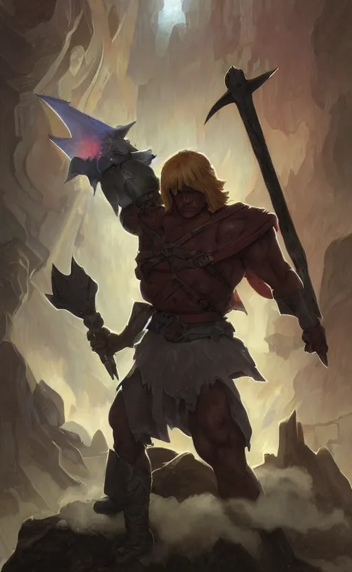 Image similar to Full body centered uncut character pose of mysterious-eerie-ominous He-Man, He-Man is holding the Power Sword in his right hand, Battle Cat, dark grey shadowy smokey background, direct natural lighting, cinematic, Epic, ultra-detailed, sharp focus, colored illustration, artwork by Jordan Grimmer and Greg Rutkowski and Alphonse Mucha