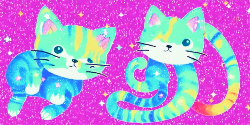 Image similar to a tiny cute kitten sleeping, puffy sticker, glitter sticker, kawaii by studio ghibli, by lisa frank 8 k pastel colours, isometric, smeared watercolours,