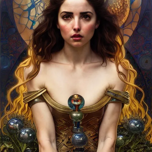 Image similar to ana de armas with sword and potions drawn by Donato Giancola and Tom Bagshaw, face by Artgerm, overall design by Alphonse Mucha, background by James Jean and Gustav Klimt, light by Julie Bell, 4k, porcelain skin, komorebi, french nouveau, trending on artstation, octane render, hyperrealistic