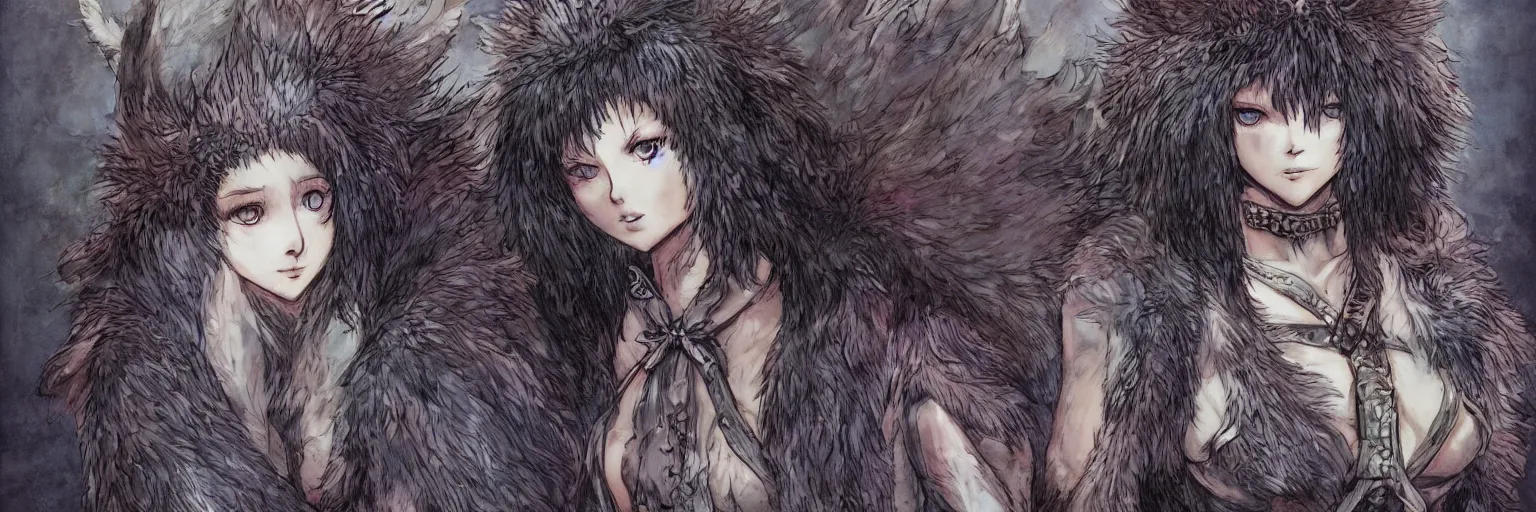 Prompt: a beautiful dressed furry girl, artstation hq, stylized, award winning, dark phantasy, colored illustration from berserk, created by kentaro miura