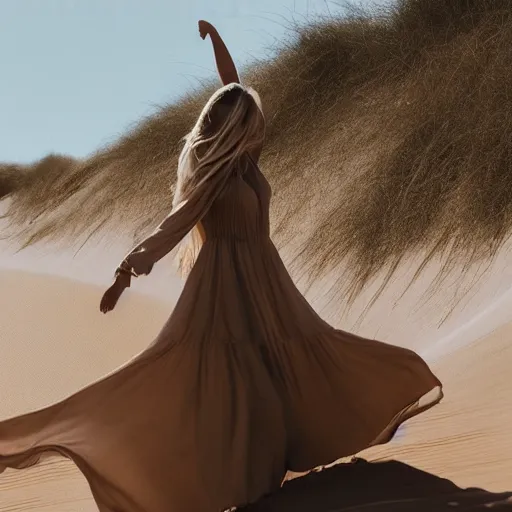 Prompt: a beautiful photo of a woman with a long flowy dress on sand dunes